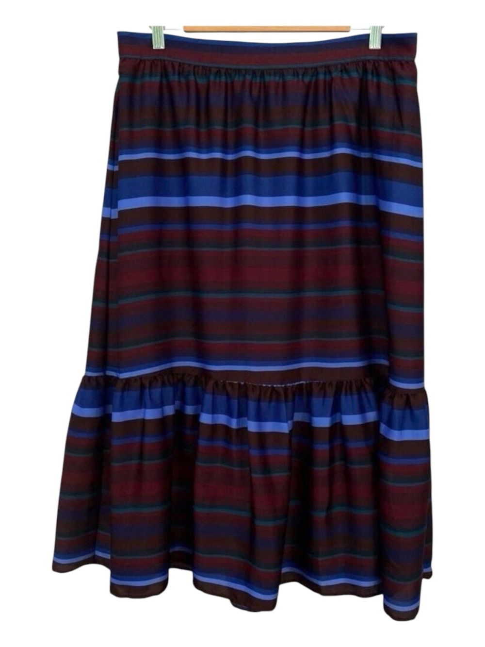 Banana Republic Boho Striped Midi Skirt Brown Blue Tiered Ruffle Flowy
Large